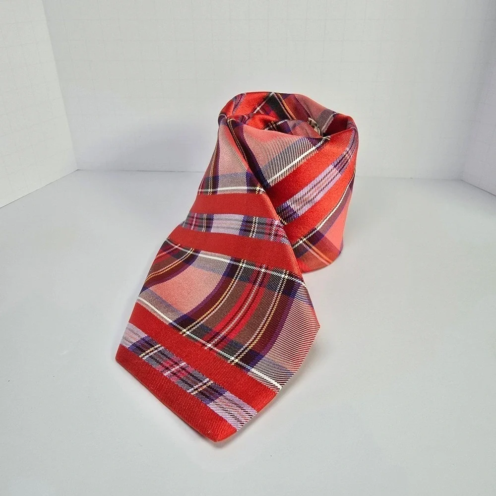 Ted Baker London Mens Red Plaid Silk Tie Hand Tailored Made in USA Floral Lining